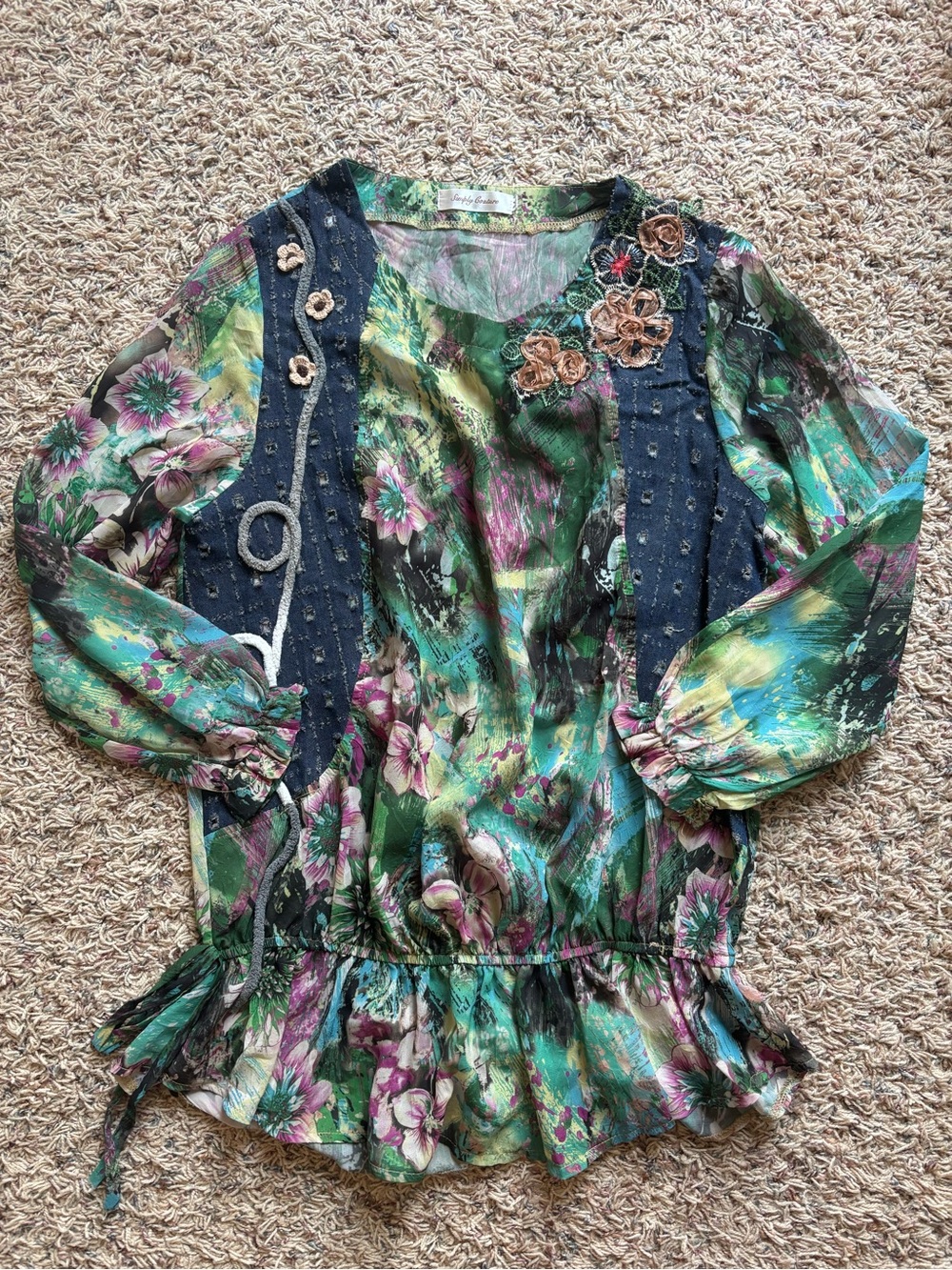 Simply Couture Green Floral Print Top Women’s Medium Denim Detail Boho Chic